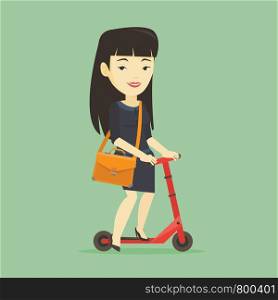 Asian business woman in suit riding a kick scooter. Business woman with briefcase riding to work on a kick scooter. Business woman on a kick scooter. Vector flat design illustration. Square layout.. Woman riding kick scooter vector illustration.