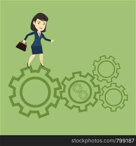 Asian business woman in suit running on cogwheels. Business woman running to success. Business woman running in a hurry. Concept of moving to success. Vector flat design illustration. Square layout.. Business woman running on cogwheels.