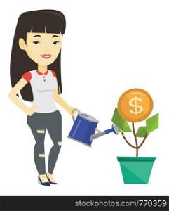 Asian business woman investing in business project. Young business woman watering money flower. Concept of investment money in business. Vector flat design illustration isolated on white background.. Business woman watering money flower.