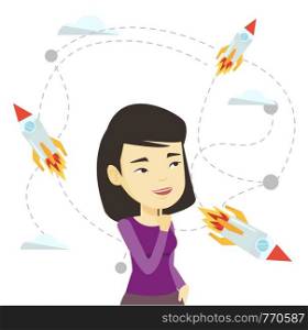 Asian business woman looking at flying start up rockets. Businesswoman came up with idea for business start up. Business start up concept. Vector flat design illustration isolated on white background.. Business start up vector illustration.