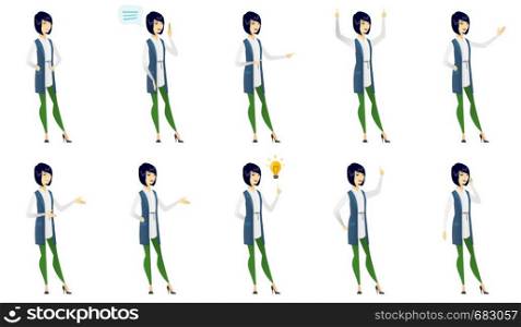 Asian business woman pointing with her finger. Young business woman pointing her finger up. Business woman with finger pointing up. Set of vector flat design illustrations isolated on white background. Vector set of illustrations with business people.