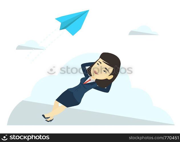 Asian business woman relaxing on cloud. Business woman lying on cloud and looking at flying paper plane. Business woman resting on a cloud. Vector flat design illustration isolated on white background. Business woman lying on cloud vector illustration.