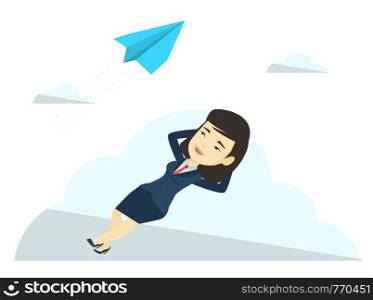 Asian business woman relaxing on cloud. Business woman lying on cloud and looking at flying paper plane. Business woman resting on a cloud. Vector flat design illustration isolated on white background. Business woman lying on cloud vector illustration.