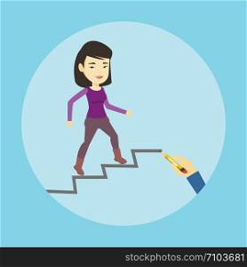 Asian business woman running up the career ladder drawn by hand. Happy business woman climbing the career ladder. Concept of business career. Vector flat design illustration. Square layout.. Business woman running up the career ladder.