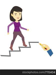 Asian business woman running up the career ladder drawn by hand. Business woman climbing the career ladder. Concept of business career. Vector flat design illustration isolated on white background.. Business woman running up the career ladder.