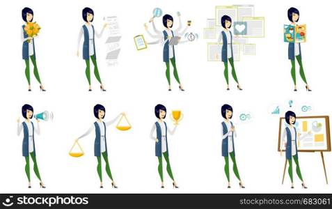 Asian business woman showing document with business presentation. Full length of young business woman giving business presentation. Set of vector flat design illustrations isolated on white background. Vector set of illustrations with business people.