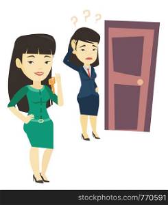 Asian business woman showing key on the background of thoughtful woman looking at door. Concept of making the right decision in business. Vector flat design illustration isolated on white background.. Making the right decisions in business.