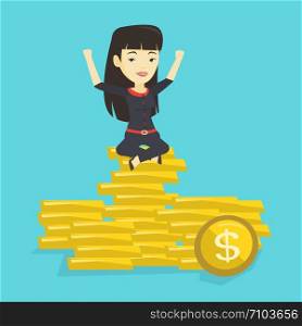 Asian business woman sitting on stack of golden coins. Happy business woman sitting on a pile of golden coins. Successful business woman on gold coins. Vector flat design illustration. Square layout.. Happy business woman sitting on golden coins.