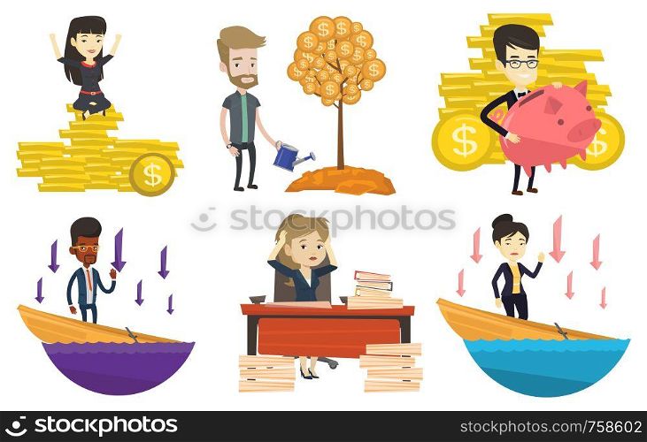 Asian business woman sitting on stack of golden coins. Business woman sitting on pile of golden coins. Business success concept. Set of vector flat design illustrations isolated on white background.. Vector set of business characters.