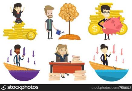 Asian business woman sitting on stack of golden coins. Business woman sitting on pile of golden coins. Business success concept. Set of vector flat design illustrations isolated on white background.. Vector set of business characters.