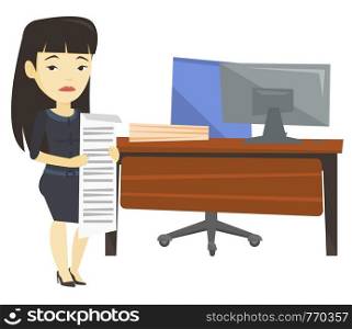 Asian business woman standing in office with long bill. Disappointed business woman holding long bill. Business woman looking at long bill. Vector flat design illustration isolated on white background. Disappointed business woman holding long bill.
