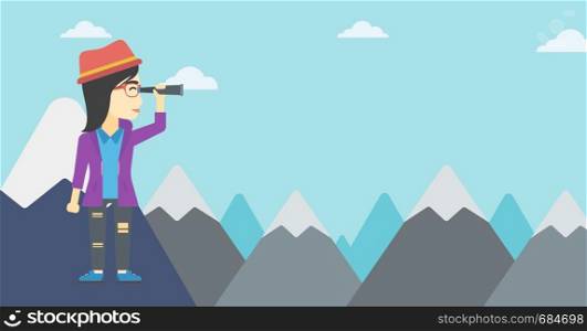 Asian business woman standing on the top of mountain with spyglass. Business woman looking through spyglass for success and business opportunities. Vector flat design illustration. Horizontal layout.. Business woman looking through spyglass.