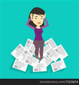 Asian business woman surrounded by lots of papers. Overworked business woman having a lot of paperwork. Business woman standing in the heap of papers. Vector flat design illustration. Square layout.. Stressed business woman having lots of work to do.