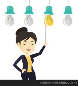 Asian business woman switching on hanging idea light bulb. Young cheerful business woman pulling a light switch. Business idea concept. Vector flat design illustration isolated on white background.. Woman having business idea vector illustration.