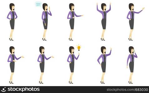 Asian business woman talking on a mobile phone. Business woman talking on a cell phone. Young business woman with a mobile phone. Set of vector flat design illustrations isolated on white background.. Vector set of illustrations with business people.