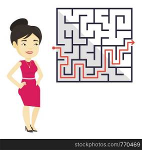Asian business woman thinking about business solution. Young business woman looking at labyrinth with solution. Business solution concept. Vector flat design illustration isolated on white background.. Business woman looking at labyrinth with solution.