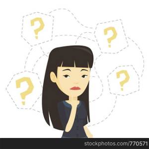 Asian business woman thinking. Thinking business woman standing under question marks. Thinking business woman surrounded by question marks. Vector flat design illustration isolated on white background. Young business woman thinking vector illustration.