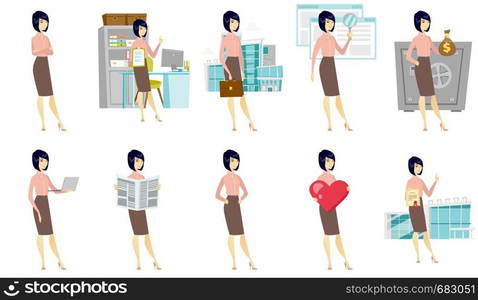 Asian business woman using laptop. Full length of young smiling business woman working on a laptop. Business woman holding laptop. Set of vector flat design illustrations isolated on white background.. Vector set of illustrations with business people.