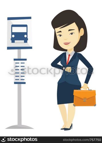 Asian business woman waiting at the bus stop. Young business woman standing at the bus stop. Woman looking at her watch at the bus stop. Vector flat design illustration isolated on white background.. Woman waiting at the bus stop vector illustration.