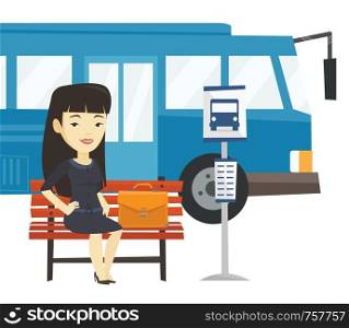 Asian business woman waiting at the bus stop. Young business woman sitting at the bus stop. Business woman sitting on a bus stop bench. Vector flat design illustration isolated on white background.. Business woman waiting at the bus stop.