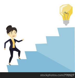 Asian business woman walking upstairs to the idea light bulb. Young business woman running up the stairs for the idea bulb on the top. Vector flat design illustration isolated on white background.. Business woman walking upstairs to the idea bulb.