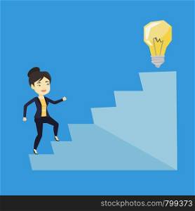 Asian business woman walking upstairs to the idea light bulb. Business woman running up the stairs to get idea bulb on the top. Business idea concept. Vector flat design illustration. Square layout.. Business woman walking upstairs to the idea bulb.