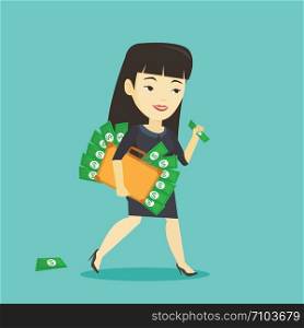 Asian business woman walking with briefcase full of money and committing economic crime. Young business woman stealing money. Economic crime concept. Vector flat design illustration. Square layout.. Business woman with briefcase full of money.