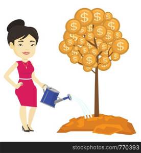 Asian business woman watering money tree. Businesswoman investing money in business project. Illustration of investment money in business. Vector flat design illustration isolated on white background.. Woman watering money tree vector illustration.