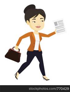 Asian business woman with briefcase and document running. Young happy business woman running in a hurry. Business woman running to success. Vector flat design illustration isolated on white background. Happy business woman running vector illustration.