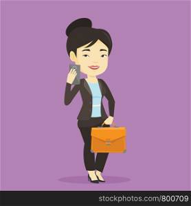 Asian business woman with briefcase making selfie. Business woman taking photo with cellphone. Business woman looking at smartphone and taking selfie. Vector flat design illustration. Square layout.. Business woman making selfie vector illustration.