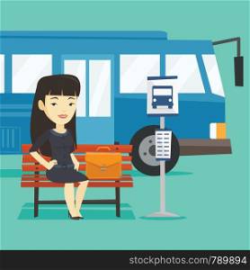 Asian business woman with briefcase waiting at the bus stop. Young business woman sitting at the bus stop. Business woman sitting on a bus stop bench. Vector flat design illustration. Square layout.. Business woman waiting at the bus stop.