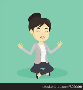 Asian business woman with eyes closed meditating in yoga lotus position. Young business woman relaxing in the yoga lotus pose. Business woman doing yoga. Vector flat design illustration. Square layout. Business woman meditating in lotus position.