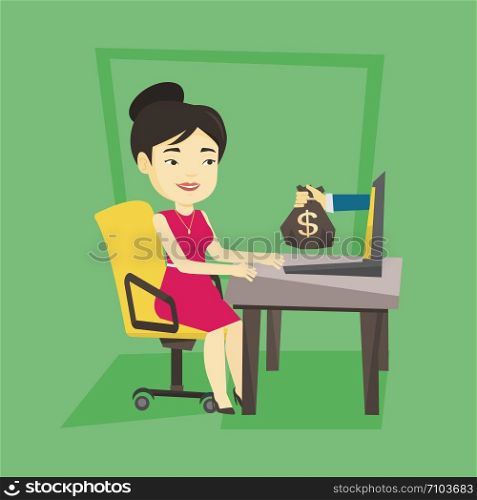 Asian business woman working in office and bag of money coming out of laptop. Businesswoman earning money from online business. Online business concept. Vector flat design illustration. Square layout.. Businesswoman earning money from online business.