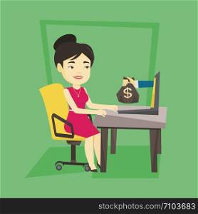 Asian business woman working in office and bag of money coming out of laptop. Businesswoman earning money from online business. Online business concept. Vector flat design illustration. Square layout.. Businesswoman earning money from online business.
