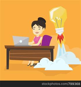 Asian business woman working on a laptop in office and idea bulb taking off behind her. Woman having business idea. Successful business idea concept. Vector flat design illustration. Square layout.. Successful business idea vector illustration.