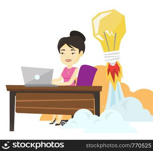 Asian business woman working on laptop in office and idea bulb taking off behind her. Woman having business idea. Business idea concept. Vector flat design illustration isolated on white background.. Successful business idea vector illustration.