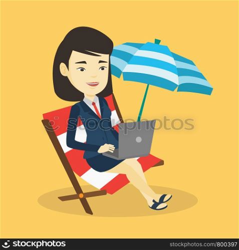 Asian business woman working on the beach. Young business woman sitting in chaise lounge under beach umbrella. Business woman using laptop on the beach. Vector flat design illustration. Square layout.. Business woman working on laptop at the beach.