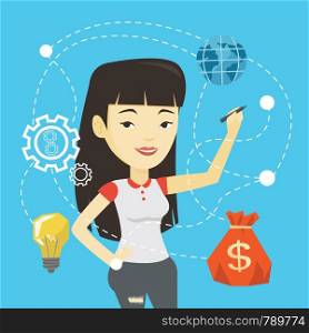 Asian business woman writing on a virtual screen. Cheerful businesswoman drawing a cloud computing diagram on a virtual screen. Cloud computing concept. Vector flat design illustration. Square layout.. Woman writing cloud computing on virtual screen.