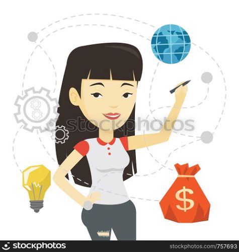 Asian business woman writing on virtual screen. Businesswoman drawing cloud computing diagram on virtual screen. Cloud computing concept. Vector flat design illustration isolated on white background.. Woman writing cloud computing on virtual screen.