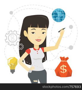 Asian business woman writing on virtual screen. Businesswoman drawing cloud computing diagram on virtual screen. Cloud computing concept. Vector flat design illustration isolated on white background.. Woman writing cloud computing on virtual screen.