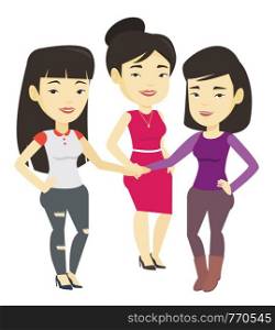 Asian business women putting their hands together. Business people joining hands. Business women stacking their hands. Partnership concept. Vector flat design illustration isolated on white background. Group of business women joining hands.