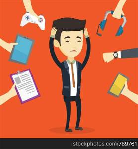 Asian businessman clutching head and many hands with gadgets around him. Young man in despair surrounded with gadgets. Man using many electronic gadgets. Vector flat design illustration. Square layout. Young man surrounded with his gadgets.
