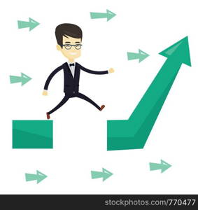 Asian businessman coping with business obstacle successfully. Young businessman facing with business obstacle. Business obstacle concept. Vector flat design illustration isolated on white background.. Business man jumping over gap on arrow going up.