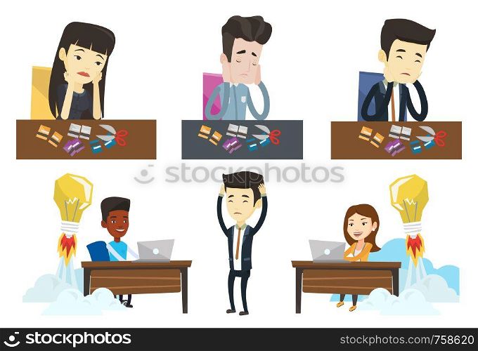 Asian businessman cutting credit card. Man sitting at the desk with cut credit card. Businessman cutting credit card with scissors. Set of vector flat design illustrations isolated on white background. Vector set of business characters.