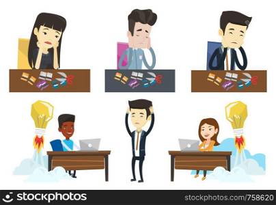 Asian businessman cutting credit card. Man sitting at the desk with cut credit card. Businessman cutting credit card with scissors. Set of vector flat design illustrations isolated on white background. Vector set of business characters.