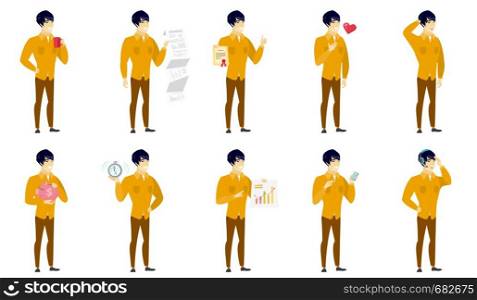 Asian businessman giving business presentation and showing financial chart. Full length of businessman pointing at financial chart. Set of vector flat design illustrations isolated on white background. Vector set of illustrations with business people.