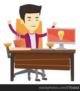Asian businessman having a business idea. Young business man working on computer on a new business idea. Successful business idea concept. Vector flat design illustration isolated on white background.. Successful business idea vector illustration.