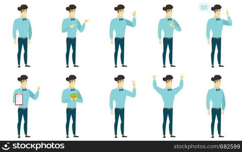 Asian businessman holding money. Excited businessman standing with money in hands. Full length of smiling businessman with money. Set of vector flat design illustrations isolated on white background.. Vector set of illustrations with business people.