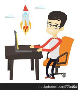 Asian businessman looking at business start up rocket. Young businessman working on a new business start up. Business start up concept. Vector flat design illustration isolated on white background.. Business start up vector illustration.