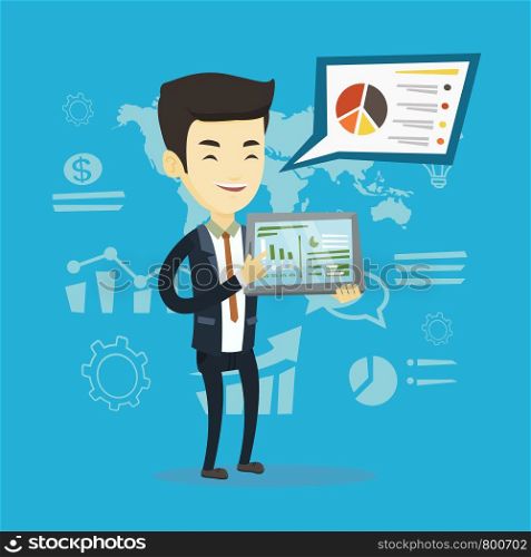 Asian businessman presenting report with a digital tablet on the background of graphs. Businessman pointing at the charts on tablet computer screen. Vector flat design illustration. Square layout.. Businessman presenting report on tablet computer